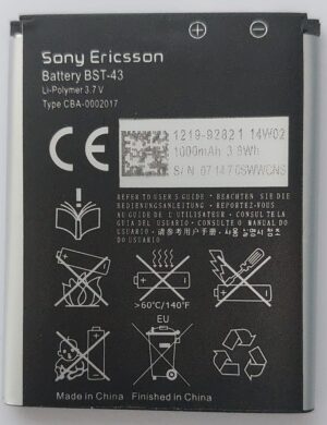 100% Original Brand New SONY Ericsson WT13I Yari U100i J10 J20 J108i J10i2 & S001 Mobiles Sony BST-43 950mAh Battery with 6 months warranty