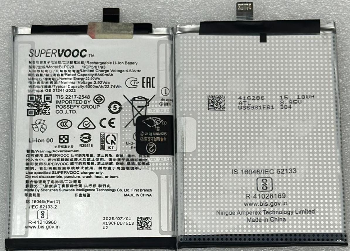 100% Original Brand New Oppo BLPC29 6000mAh 3.92Vdc Battery for OPPO Reno 14 5G Mobile with 6 months warranty